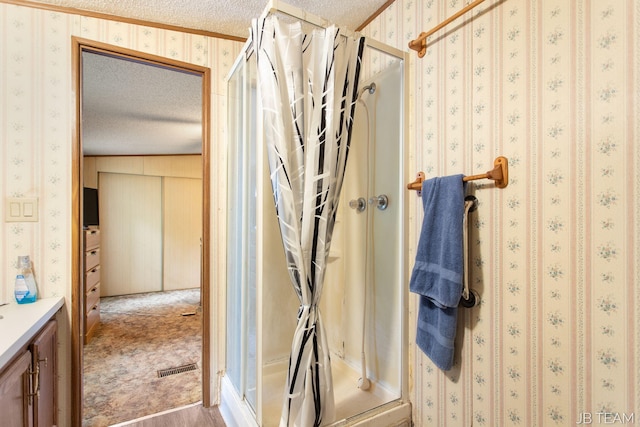 1211 107th Ave, Otsego, MI 49078 - full bath with a textured ceiling, vanity, a stall shower, and wallpapered walls