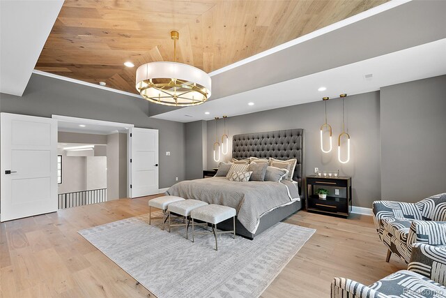 3268 Willis Dr, Oakland, MI 48306 - bedroom with wooden ceiling, a chandelier, high vaulted ceiling, recessed lighting, and light wood finished floors