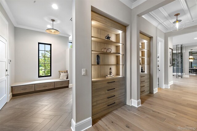 3268 Willis Dr, Oakland, MI 48306 - hallway featuring baseboards, crown molding, light wood-style flooring, recessed lighting, and built in features