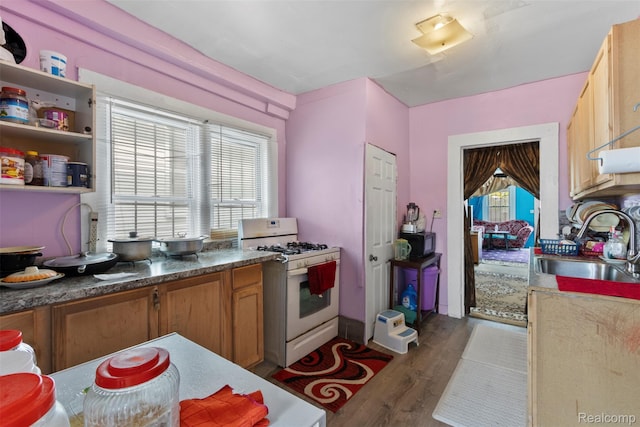 5151 Yemans St, Hamtramck, MI 48212 - kitchen featuring white gas range oven, a sink, wood finished floors, brown cabinetry, and dark countertops