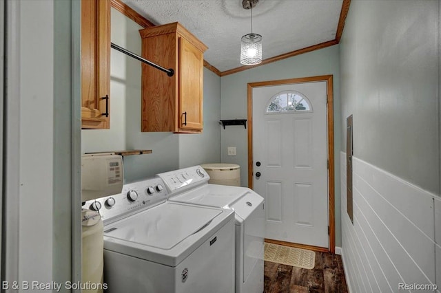 5951 English Rd, Silverwood, MI 48760 - laundry room featuring cabinet space, independent washer and dryer, ornamental molding, dark wood finished floors, and a textured ceiling