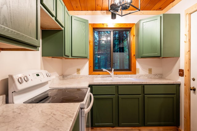 17341 Old Logging Rd, Hersey, MI 49639 - kitchen with green cabinetry, white range with electric cooktop, a sink, light countertops, and wooden ceiling
