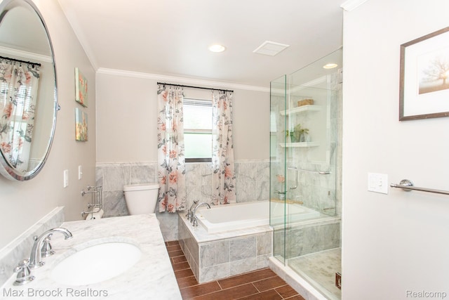 13317 Victoria Ave, Huntington Woods, MI 48070 - full bath featuring a bath, ornamental molding, a stall shower, toilet, and vanity