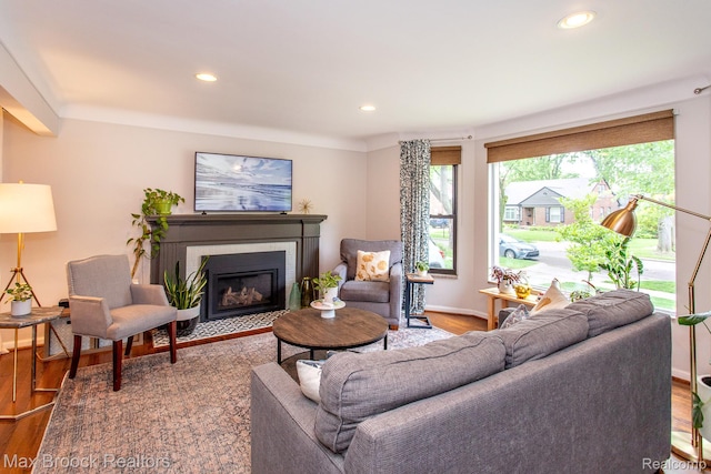 13317 Victoria Ave, Huntington Woods, MI 48070 - living room with wood finished floors, a fireplace, recessed lighting, and baseboards