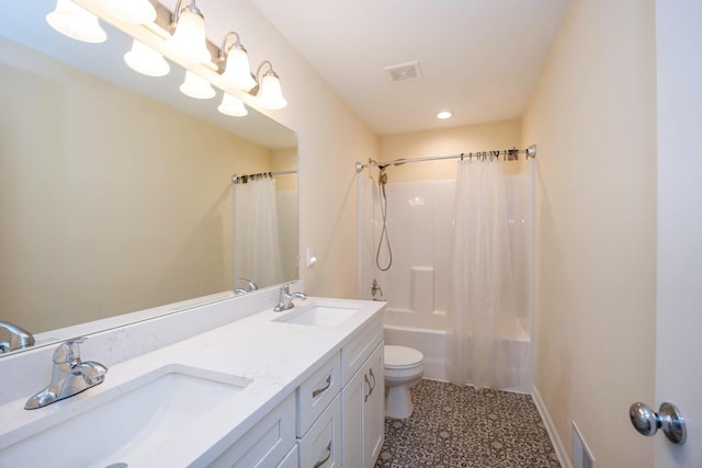 4301 Rolling Meadow Ln, Ypsilanti, MI 48197 - bathroom featuring toilet, shower / bath combo with shower curtain, double vanity, baseboards, and tile patterned floors