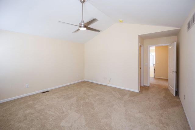 4301 Rolling Meadow Ln, Ypsilanti, MI 48197 - empty room featuring light colored carpet, a ceiling fan, lofted ceiling, and baseboards