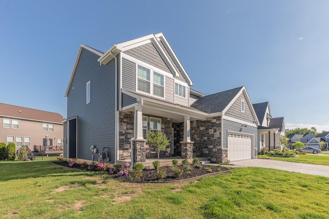 4301 Rolling Meadow Ln, Ypsilanti, MI 48197 - craftsman-style home featuring a porch, concrete driveway, stone siding, a front lawn, and a garage