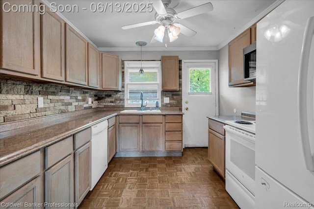 9060 N Sheldon Rd, Plymouth, MI 48170 - kitchen with white appliances, a ceiling fan, decorative backsplash, crown molding, and decorative light fixtures