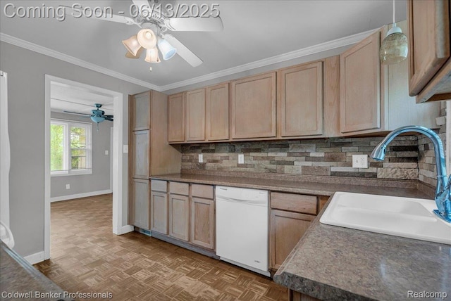 9060 N Sheldon Rd, Plymouth, MI 48170 - kitchen featuring dishwasher, ceiling fan, tasteful backsplash, light brown cabinetry, and ornamental molding
