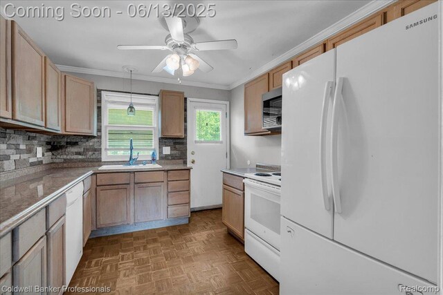 9060 N Sheldon Rd, Plymouth, MI 48170 - kitchen featuring white appliances, a ceiling fan, backsplash, ornamental molding, and pendant lighting