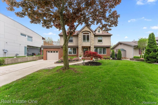 28395 Swan Island Dr, Grosse Ile, MI 48138 - traditional-style house featuring driveway, a garage, a front lawn, cooling unit, and a balcony