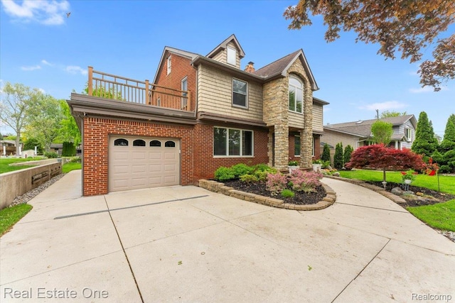28395 Swan Island Dr, Grosse Ile, MI 48138 - view of front of house featuring driveway, a balcony, a garage, and brick siding