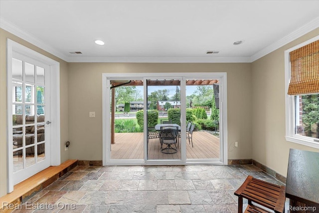 28395 Swan Island Dr, Grosse Ile, MI 48138 - doorway with stone tile flooring, baseboards, crown molding, and recessed lighting