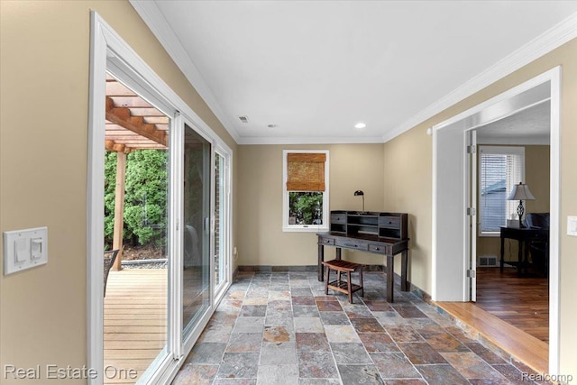 28395 Swan Island Dr, Grosse Ile, MI 48138 - office space with healthy amount of natural light, baseboards, stone finish floors, recessed lighting, and ornamental molding
