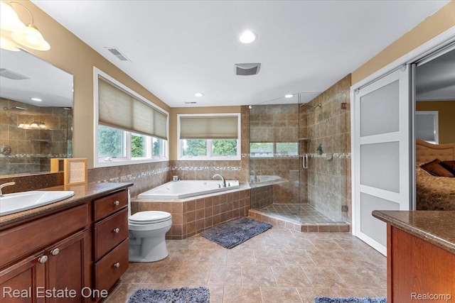 28395 Swan Island Dr, Grosse Ile, MI 48138 - full bathroom featuring vanity, a garden tub, a stall shower, and toilet