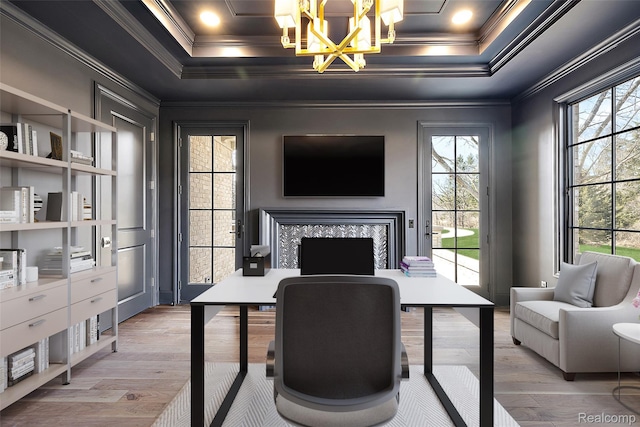 1760 Vista Dr, Oakland, MI 48363 - office with a chandelier, crown molding, wood finished floors, plenty of natural light, and a tiled fireplace