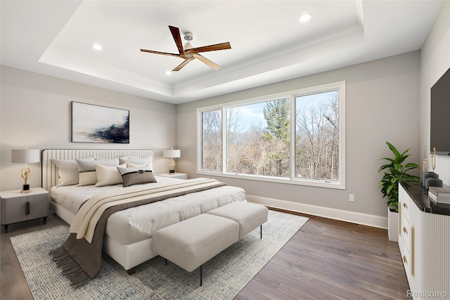1760 Vista Dr, Oakland, MI 48363 - bedroom with a raised ceiling, dark wood-style floors, recessed lighting, baseboards, and ornamental molding