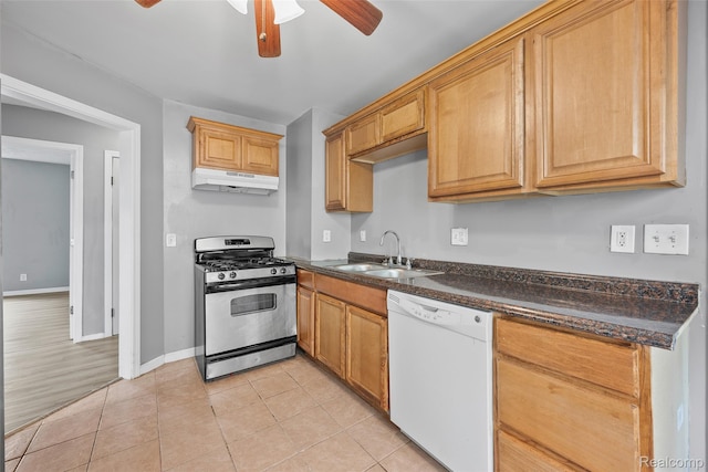 29056 Powers St, Westland, MI 48186 - kitchen featuring stainless steel gas range oven, white dishwasher, under cabinet range hood, a sink, and a ceiling fan