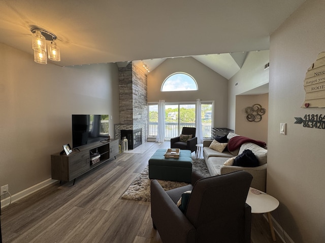 1300 Winding Ridge Ln Unit D8, Indiana, IN 46383 - living area featuring dark wood finished floors, a stone fireplace, high vaulted ceiling, and baseboards