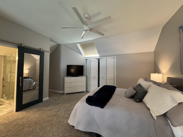1300 Winding Ridge Ln Unit D8, Indiana, IN 46383 - bedroom with vaulted ceiling, carpet, a closet, a ceiling fan, and a barn door