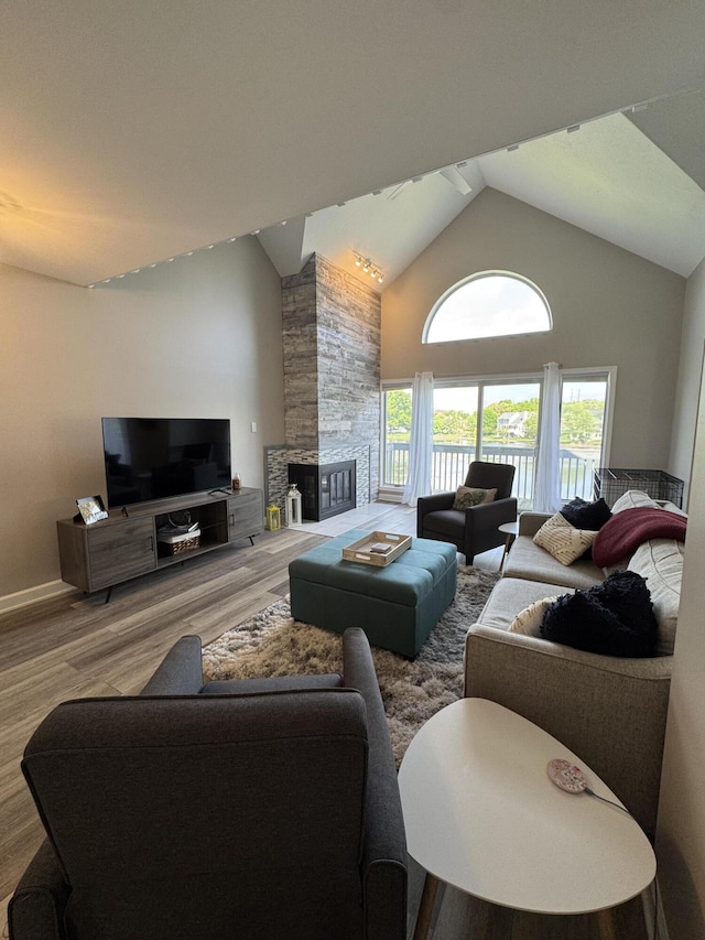 1300 Winding Ridge Ln Unit D8, Indiana, IN 46383 - living room featuring wood finished floors, high vaulted ceiling, a stone fireplace, and baseboards