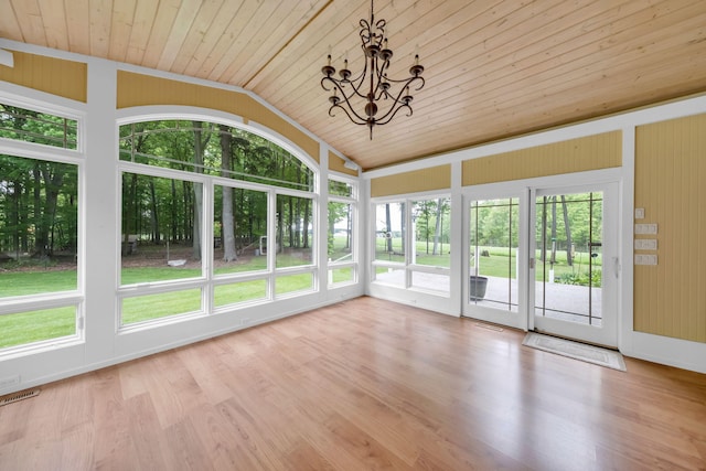8750 20th Ave, Remus, MI 49340 - unfurnished sunroom with wood ceiling, a chandelier, lofted ceiling, and wood finished floors