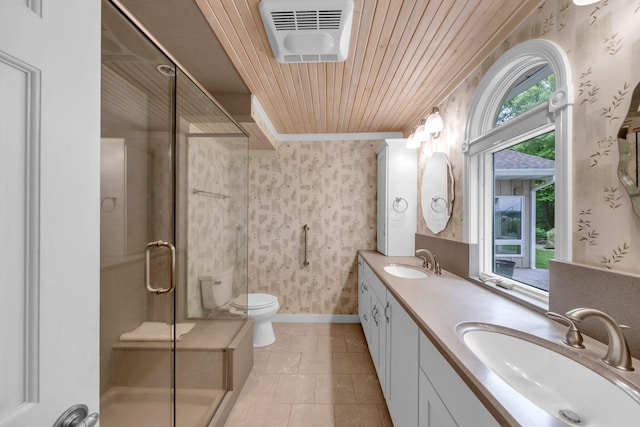 8750 20th Ave, Remus, MI 49340 - bathroom with wallpapered walls, a stall shower, double vanity, tile patterned flooring, and toilet