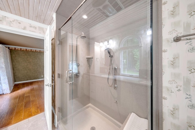 8750 20th Ave, Remus, MI 49340 - full bathroom with a shower stall, wallpapered walls, and wood finished floors