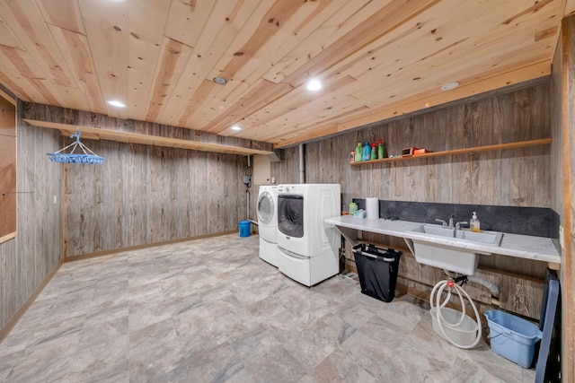 8750 20th Ave, Remus, MI 49340 - laundry room featuring wood walls, washer and dryer, and recessed lighting