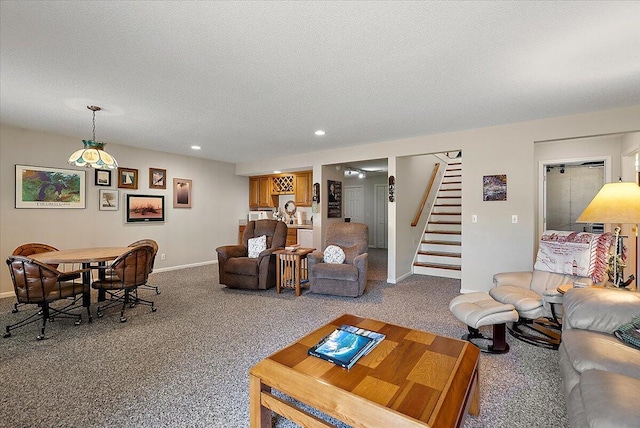 3799 Fairway Dr, Norton Shores, MI 49441 - carpeted living room with stairway, baseboards, recessed lighting, and a textured ceiling