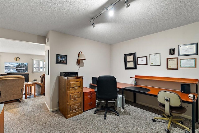 3799 Fairway Dr, Norton Shores, MI 49441 - carpeted home office featuring track lighting, a textured ceiling, and baseboards