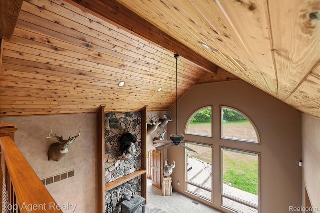 7386 Card Rd, Smiths Creek, MI 48074 - detailed view of carpet, wood ceiling with exposed beams, and ceiling fan