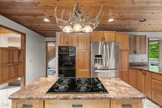 7386 Card Rd, Smiths Creek, MI 48074 - kitchen featuring black appliances, wooden ceiling, a kitchen island, light stone counters, and light tile patterned floors