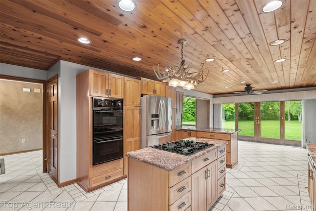 7386 Card Rd, Smiths Creek, MI 48074 - kitchen featuring black appliances, recessed lighting, light tile patterned floors, wood ceiling, and a kitchen island