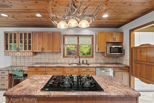 7386 Card Rd, Smiths Creek, MI 48074 - kitchen with appliances with stainless steel finishes, a sink, wood ceiling, recessed lighting, and a kitchen island