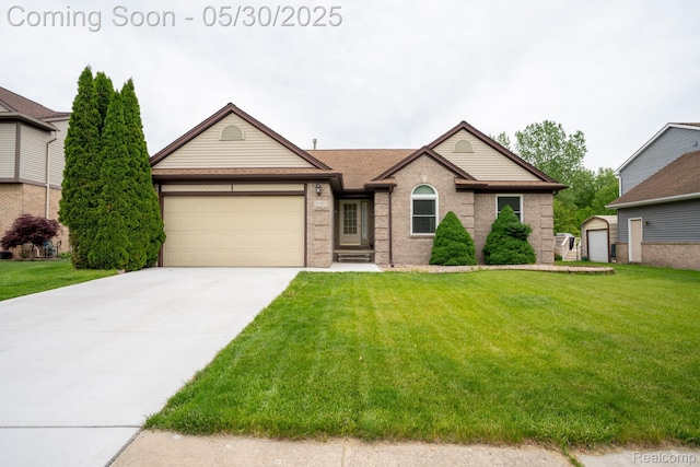 30585 Apple Grove Way, Flat Rock, MI 48134 - ranch-style home featuring brick siding, a garage, a front yard, concrete driveway, and roof with shingles