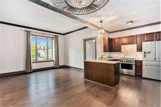 27 Library St NE Unit 301, Grand Rapids, MI 49503 - kitchen with appliances with stainless steel finishes, ornamental molding, dark wood-type flooring, light stone countertops, and a peninsula