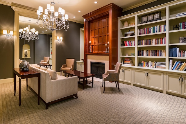 27 Library St NE Unit 301, Grand Rapids, MI 49503 - living area featuring carpet, ornamental molding, a fireplace, a chandelier, and recessed lighting