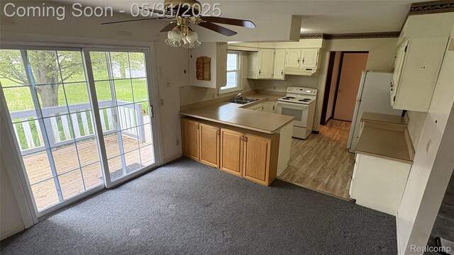 8865 E Bennington Rd, Durand, MI 48429 - kitchen with white appliances, a sink, under cabinet range hood, a peninsula, and ceiling fan