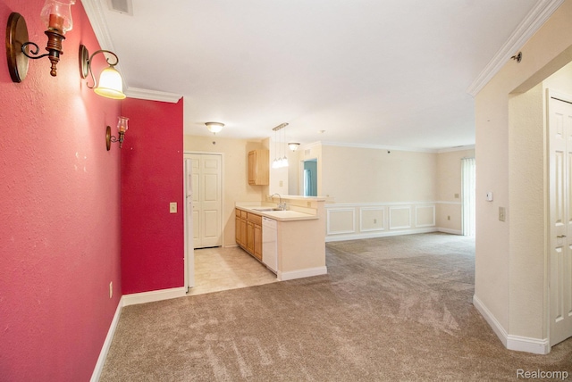 15200 Silver Pkwy Unit 101, Fenton, MI 48430 - kitchen with light colored carpet, crown molding, a peninsula, light countertops, and decorative light fixtures