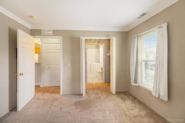15200 Silver Pkwy Unit 101, Fenton, MI 48430 - unfurnished bedroom with crown molding, light colored carpet, baseboards, and ensuite bathroom