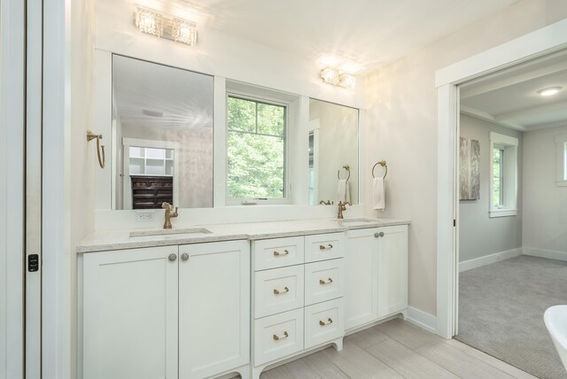 6606 Spaniel Dr, Kalamazoo, MI 49009 - full bathroom featuring double vanity, plenty of natural light, baseboards, and wood finished floors