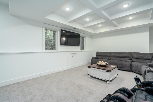 6606 Spaniel Dr, Kalamazoo, MI 49009 - living area with coffered ceiling, recessed lighting, beam ceiling, baseboards, and light colored carpet
