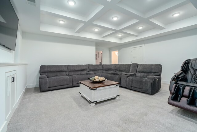 6606 Spaniel Dr, Kalamazoo, MI 49009 - living room featuring light carpet, coffered ceiling, beam ceiling, baseboards, and recessed lighting
