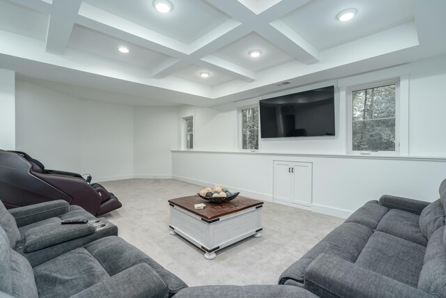 6606 Spaniel Dr, Kalamazoo, MI 49009 - living room with coffered ceiling, light colored carpet, recessed lighting, beam ceiling, and baseboards
