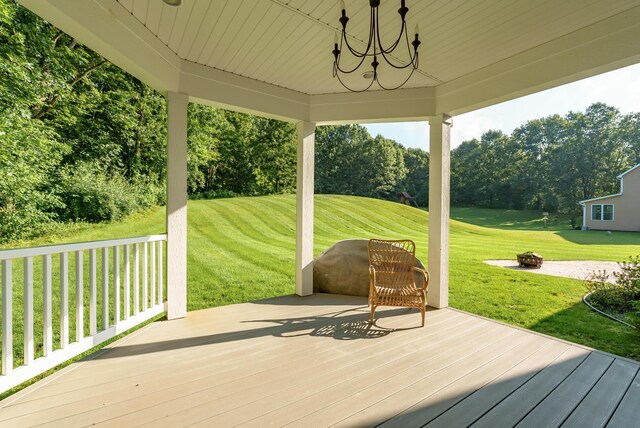 6606 Spaniel Dr, Kalamazoo, MI 49009 - wooden terrace with a lawn, a fire pit, and view of wooded area