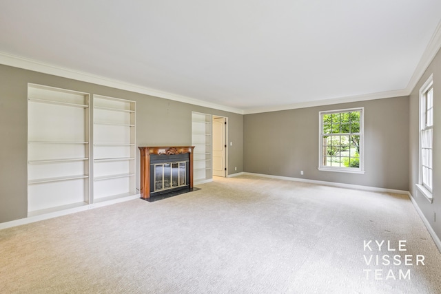 600 Plymouth Ave SE, East Grand Rapids, MI 49506 - unfurnished living room featuring ornamental molding, a fireplace with flush hearth, light colored carpet, and baseboards