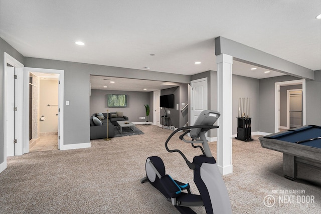 1657 N Bay Dr, Hudsonville, MI 49426 - exercise room featuring carpet flooring, recessed lighting, baseboards, and billiards