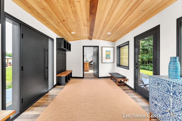 18619 130th Ave, Fruitport, MI 49415 - hallway with light wood-type flooring, wood ceiling, lofted ceiling, and baseboards