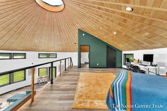 18619 130th Ave, Fruitport, MI 49415 - bedroom featuring wood ceiling, a desk, wood finished floors, high vaulted ceiling, and recessed lighting